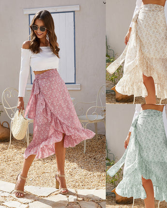 Woman Skirts High Waist Fashion Long Black Knotted Tied Wrap Floral Ruffle Chiffon A-Line Split Skirt Spring Summer Clothes