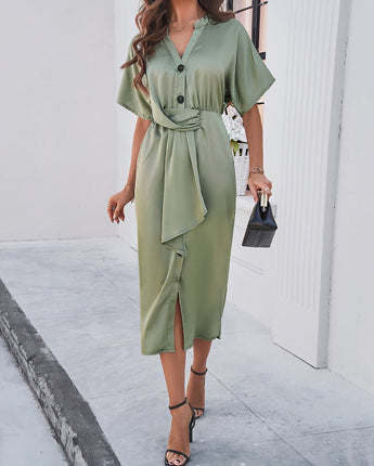 Spring And Summer Solid Color Temperament V-neck Short Sleeve Dress