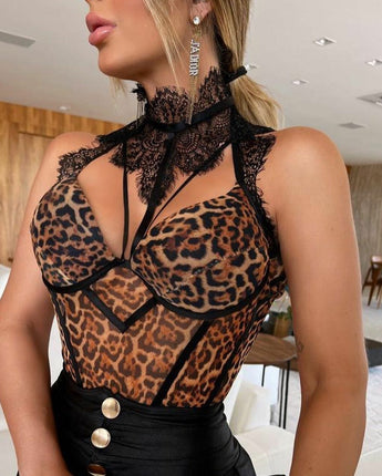 Lace Leopard Print Nightclub One-piece Suit