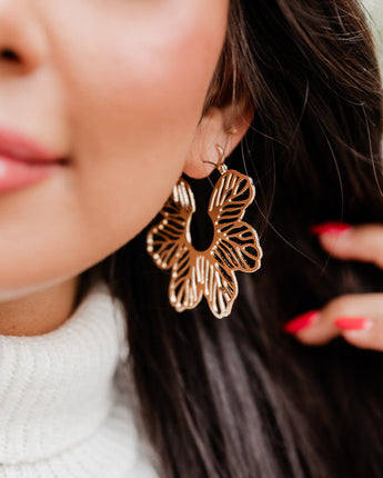 Gold Hollowed Flower Pendant Earrings