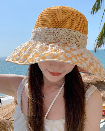 Lace Bow Straw Fisherman Hat Summer Outdoor Sunhat With Large Brim Anti-UV Sunshade And Face Protection Hat